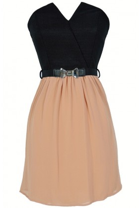 Tulip Garden Strapless Belted Dress in Black/Taupe